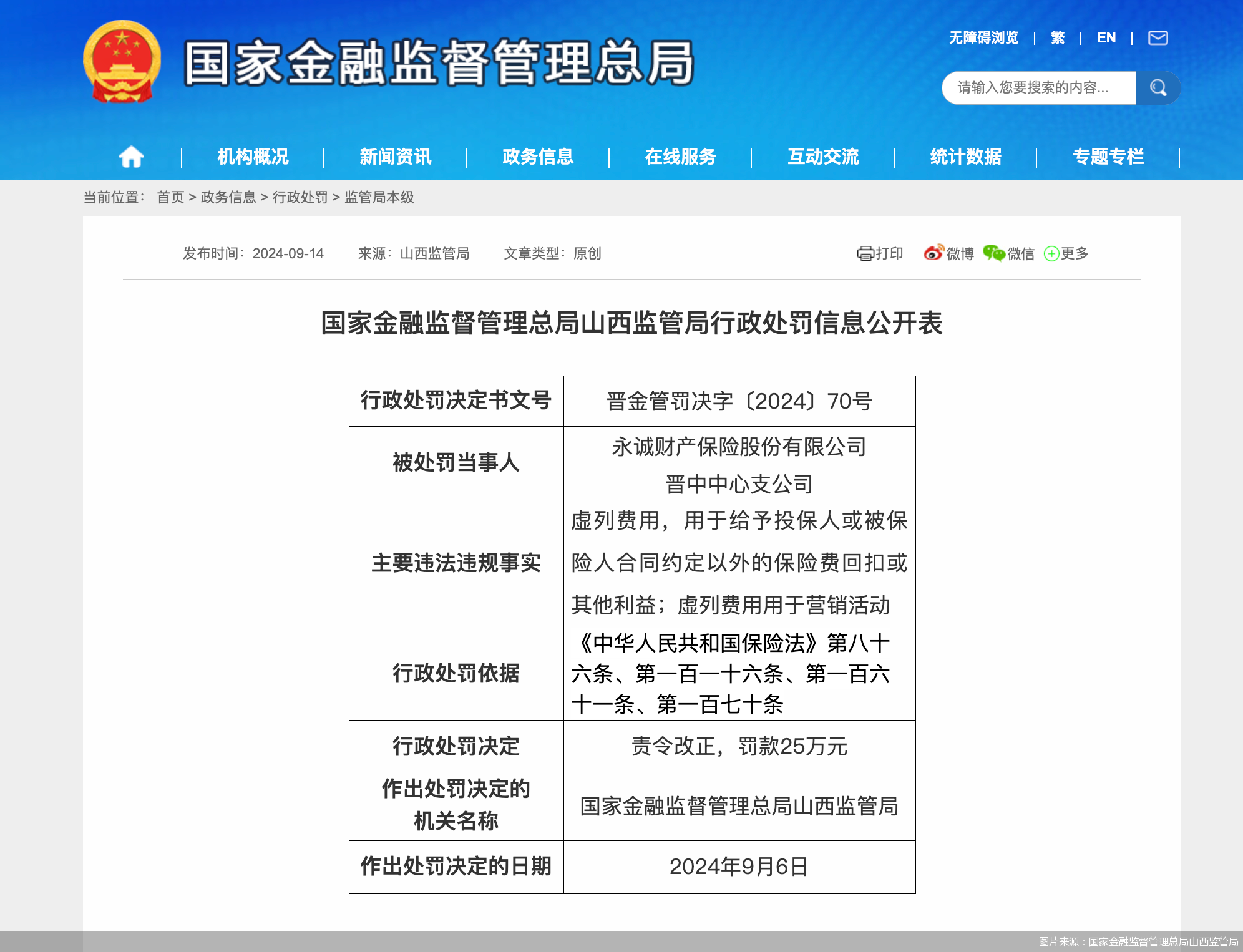 因虚列费用用于营销活动等，永诚财险晋中中支合计被罚30万元  第1张